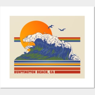 Retro Huntington Beach CA 70s Style Tourist Souvenir Posters and Art